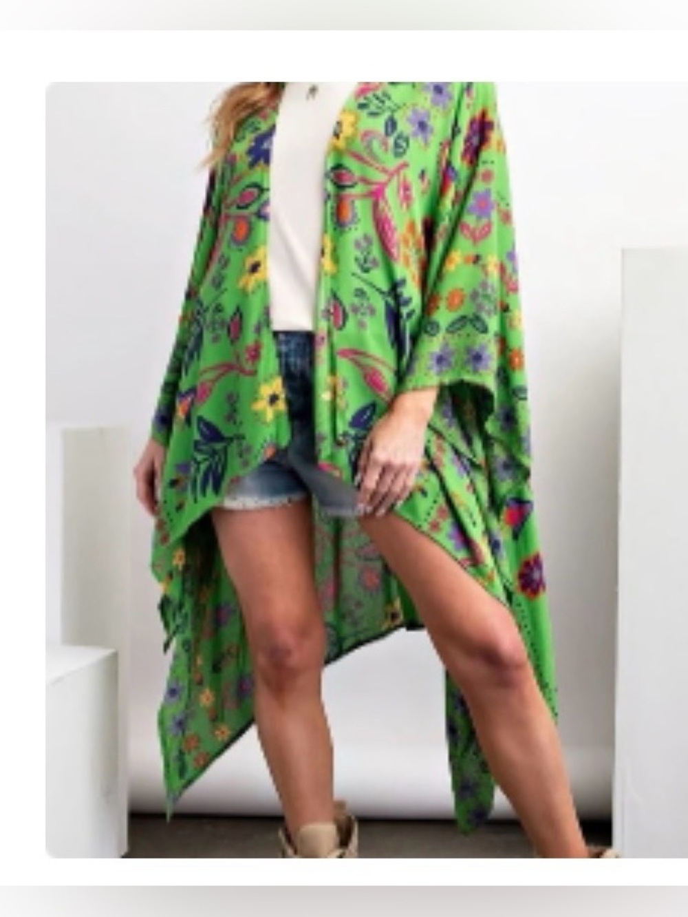easel Los Angeles Bright Green Floral Open Front Kimono Boho sz S